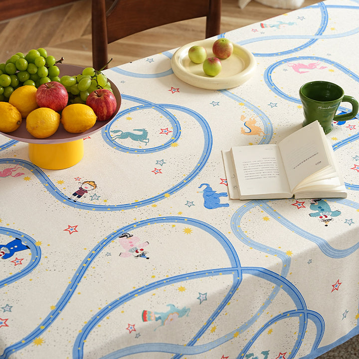 Child-friendly wipeable tablecloth with playful train and animal motif Kalsten