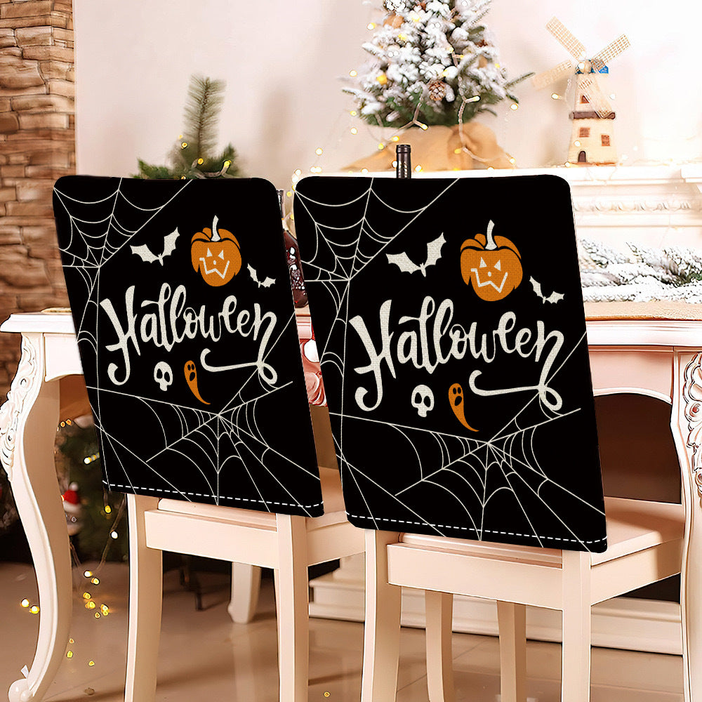 festive Halloween chair covers made of stretchable polyester with witch hat and lettering design