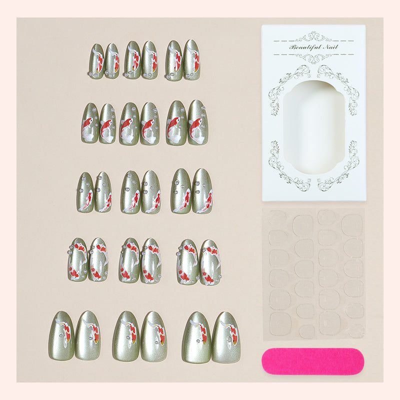Decorative Press-On Nail Art Set with Koi Fish and Gem Accents kalsten