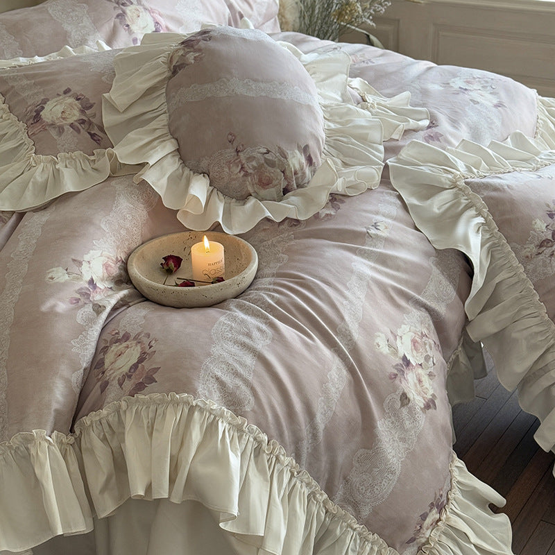Romantic Ruffled Bed Linen Set with Lace Stripes and Floral Motif