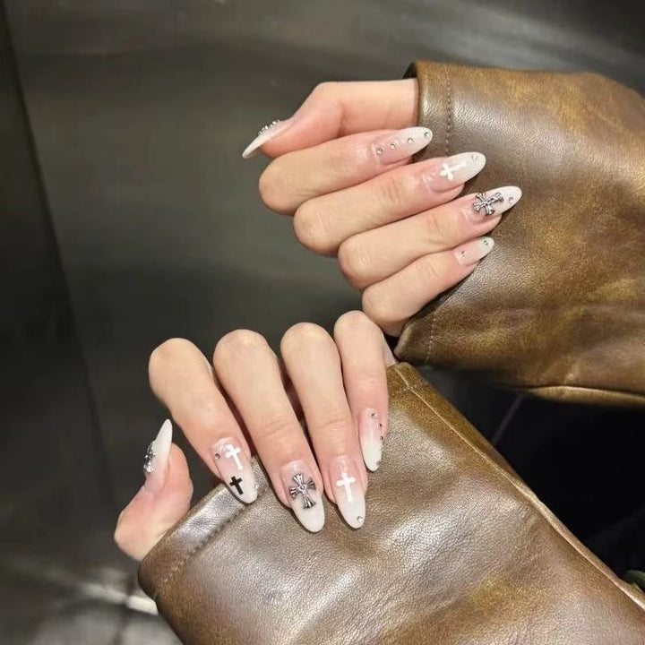 Artistic Cross-Embellished Press-On Nails