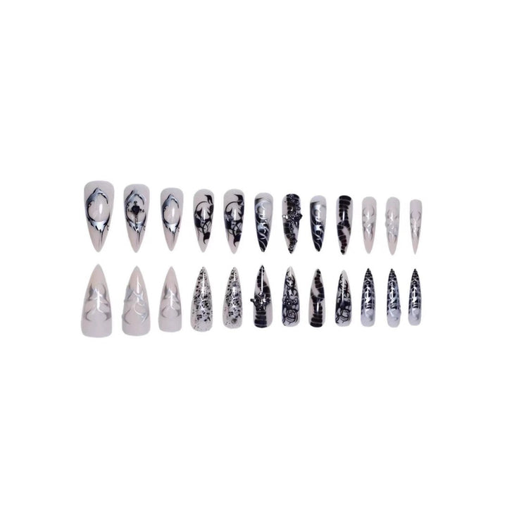 Artistic Stiletto Nail Extensions with Black Detailing Kalsten