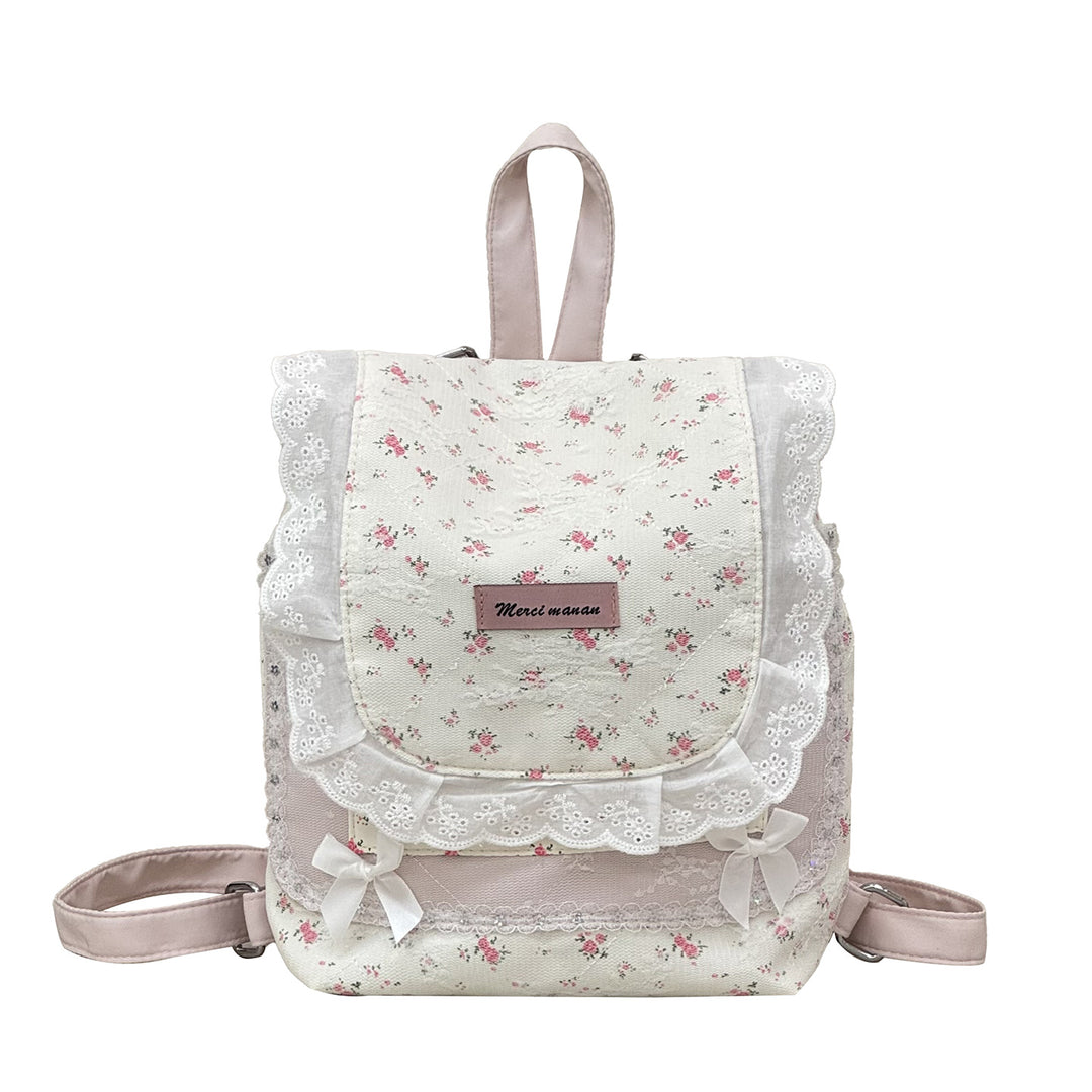 Floral Print Lace-Trimmed Backpack