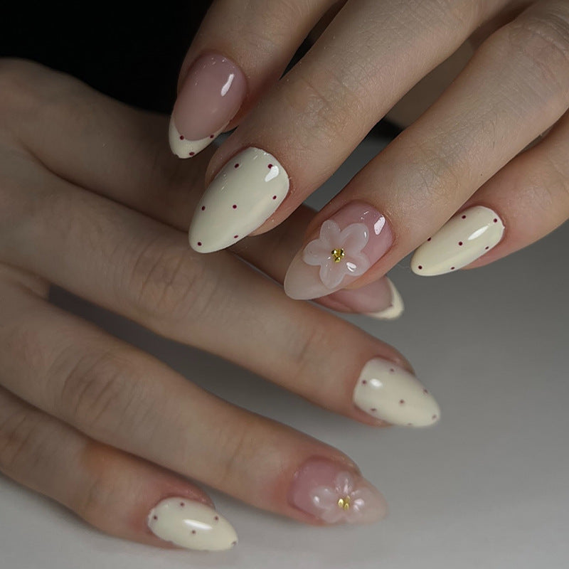 Elegant Press-On Nail Set with Floral and Polka Dot Designs Kalsten