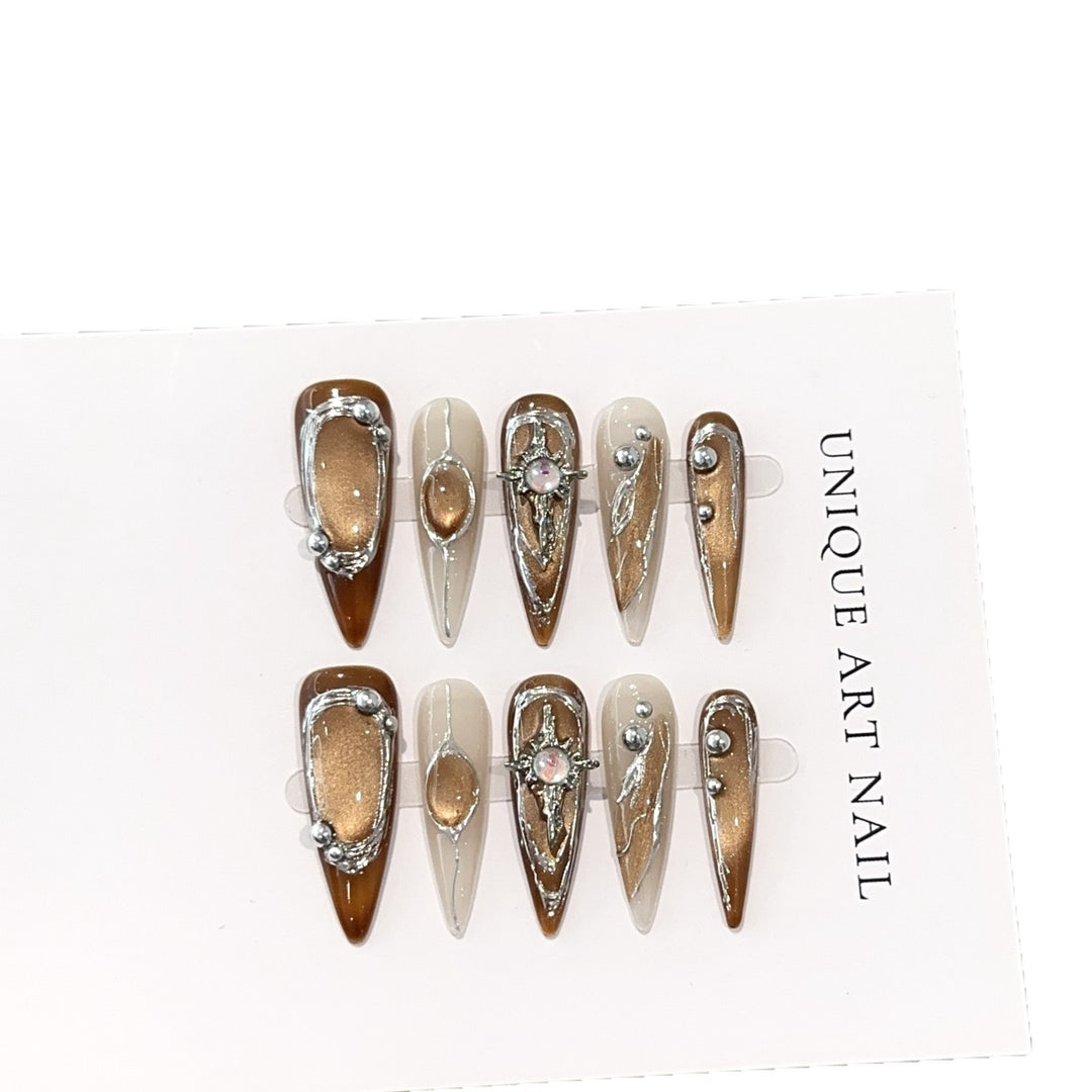 Artistic Press-On Nail Design Set with Unique Gemstone Accents