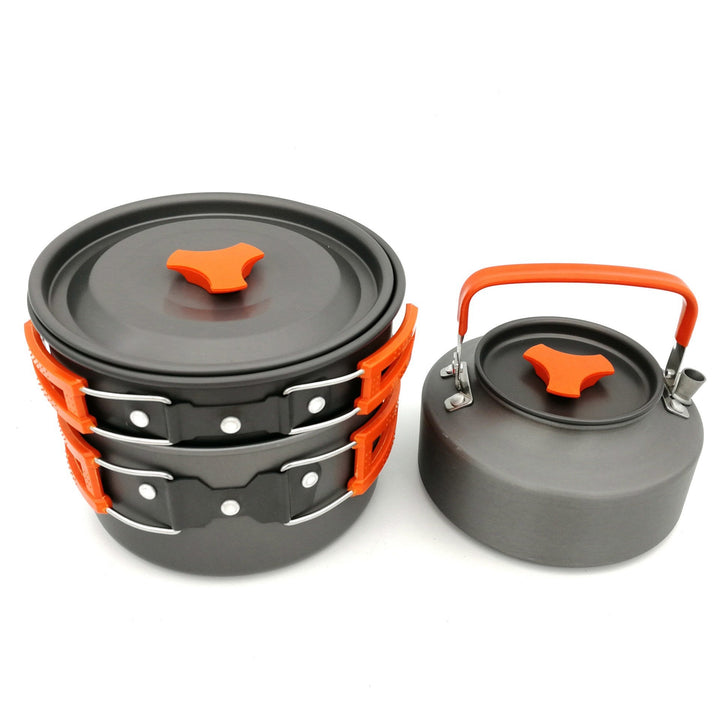 lightweight non-stick nesting camping cookware set with folding handles compact kettle pot pan and folding cutlery Kalsten