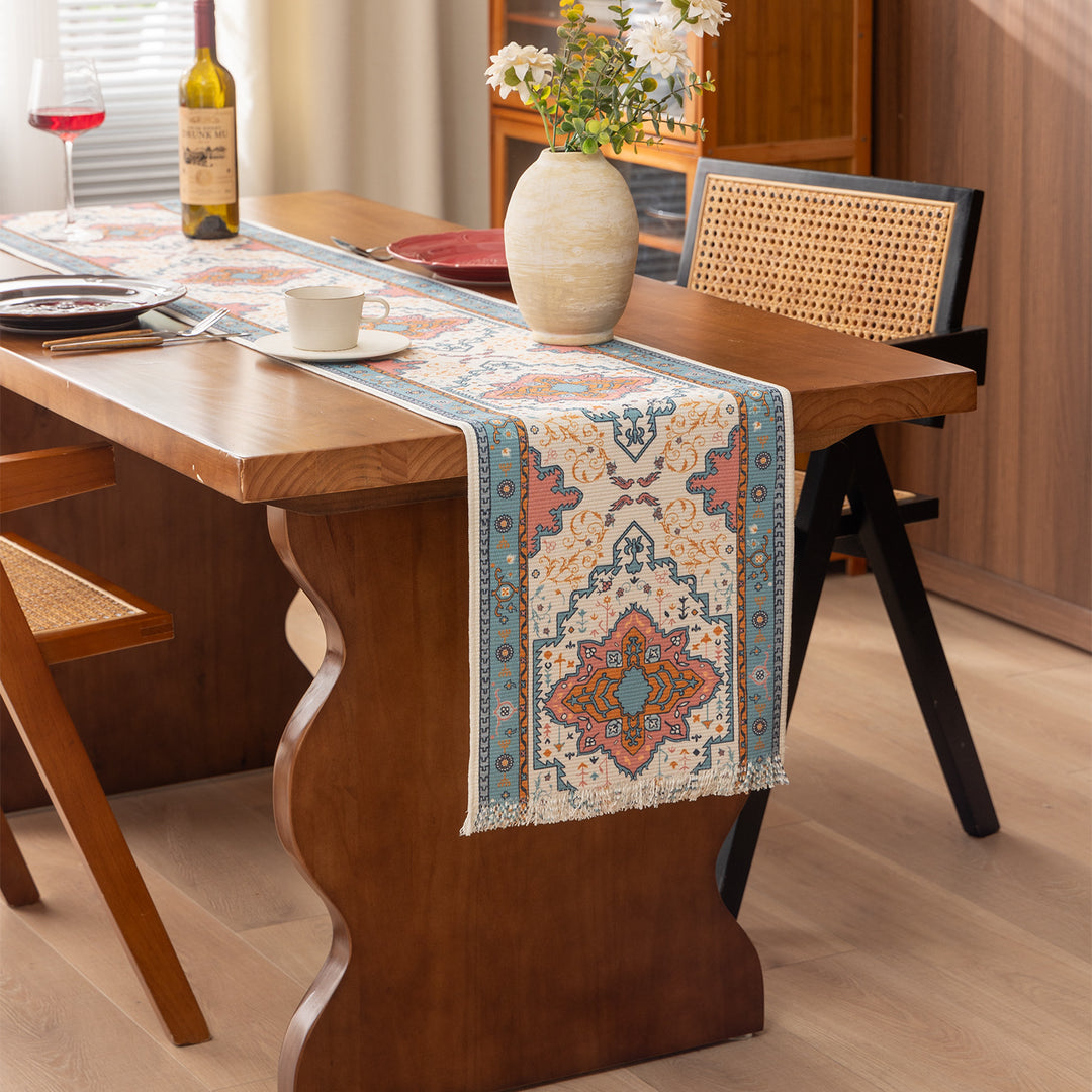 Woven table runner made of cotton blend with oriental medallion pattern and fringes Kalsten