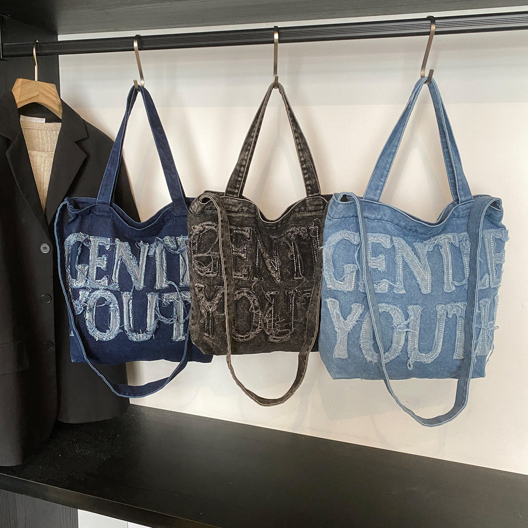 Distressed Denim Graphic Tote Bag