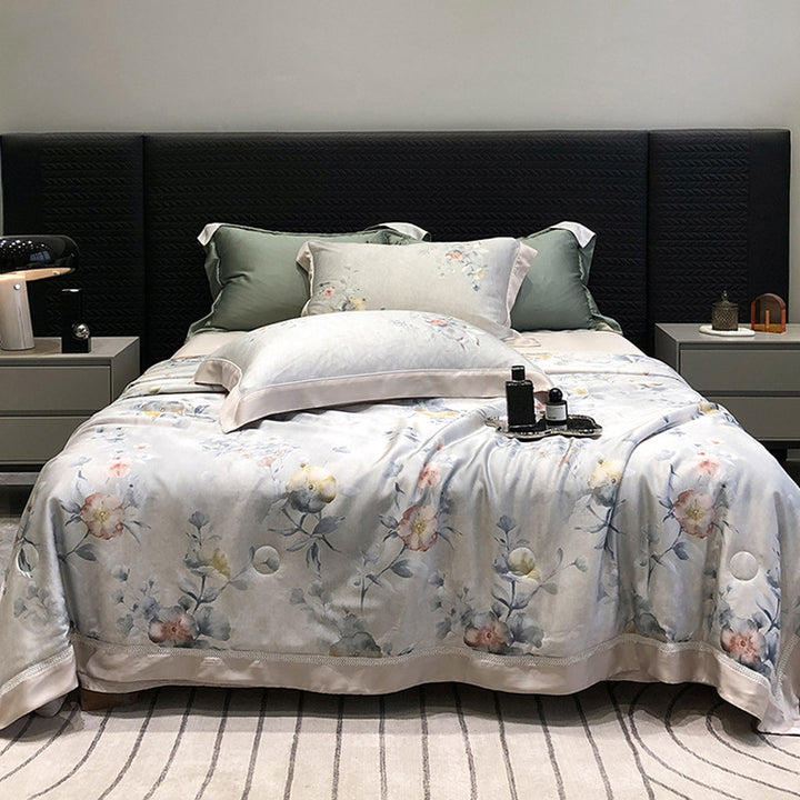 Luxurious cotton satin bedding set with floral watercolor print and fine satin trim