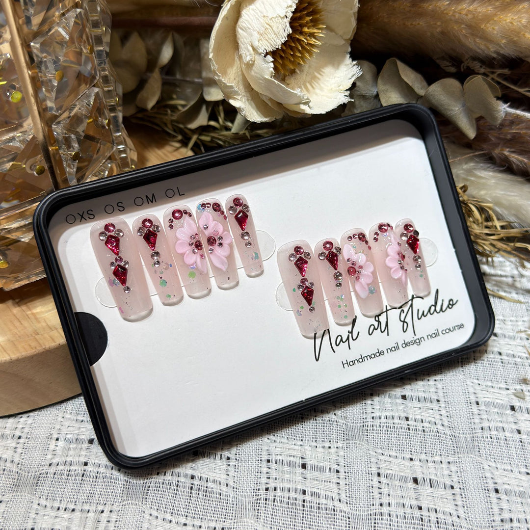 Floral-Themed Press-On Nail Set with Gemstone Accents Kalsten