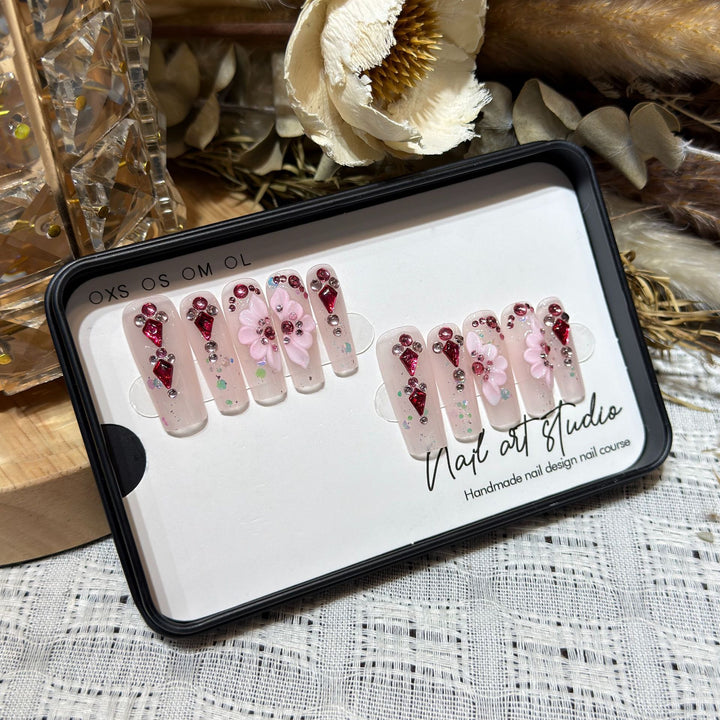 Floral-Themed Press-On Nail Set with Gemstone Accents Kalsten