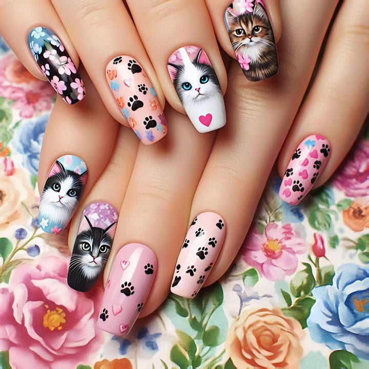 Creative artificial nails with playful cat pattern Kalsten