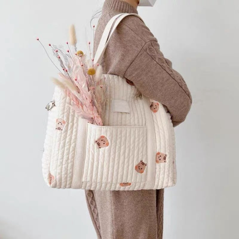 Quilted Baby Diaper Backpack Bag with Embroidered Plush Bear Accents