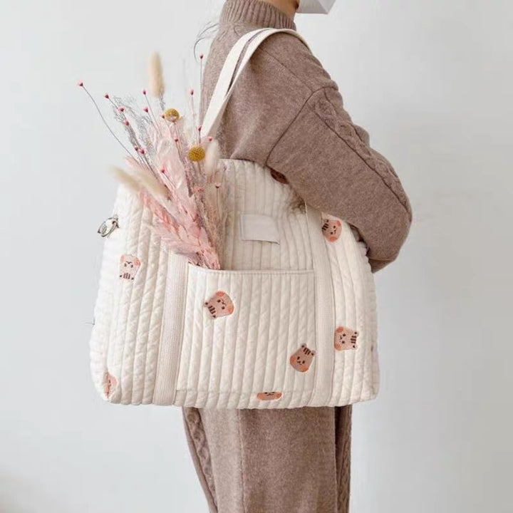 Quilted Baby Diaper Backpack Bag with Embroidered Plush Bear Accents