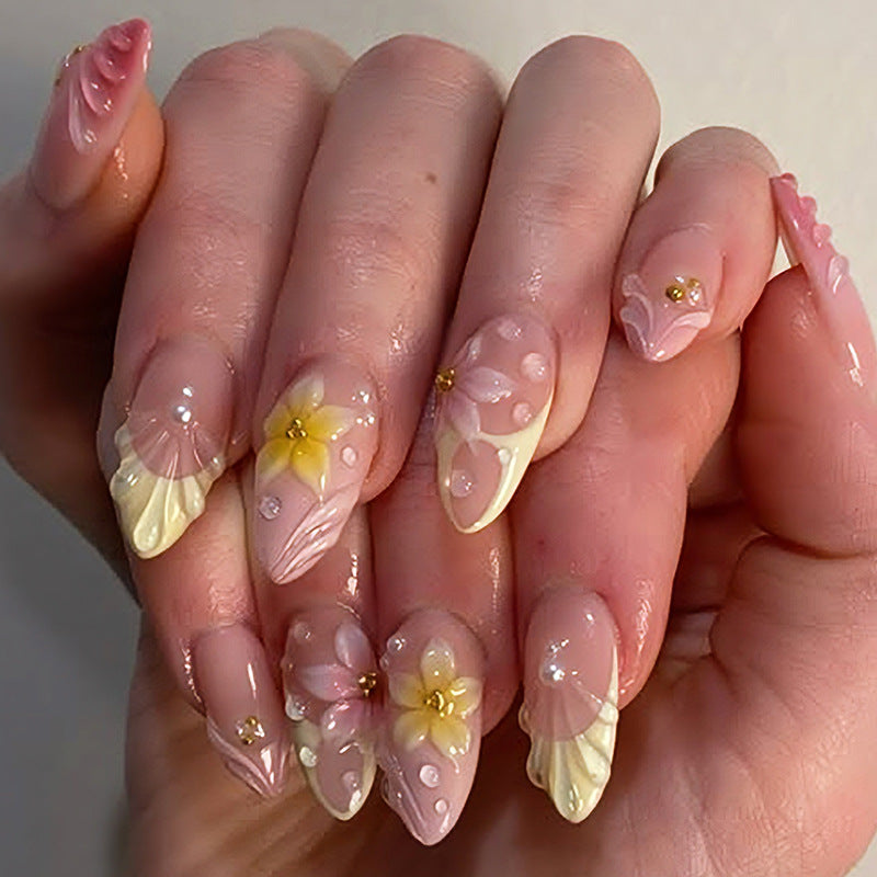 Artistic Floral Design Press-On Nails Set with Unique Embellishments kalsten