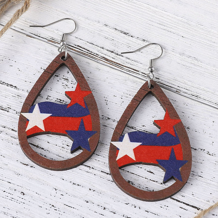 Ladies' nan teardrop-shaped wooden earrings with multi-layer star and stripe appliqué and nickel-free ear hooks Kalsten