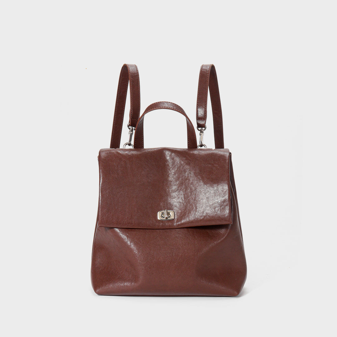 Convertible Leather Flap Backpack Handbag with Top Handle and Turn-Lock Closure