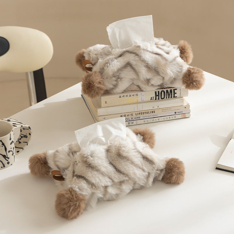 Decorative faux fur tissue box cover with pom poms and hanging handle Kalsten