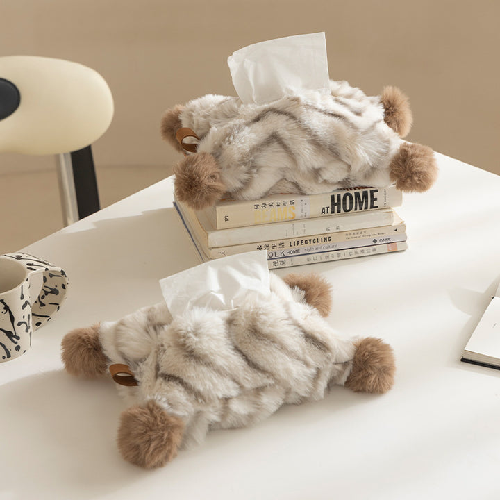 Decorative faux fur tissue box cover with pom poms and hanging handle Kalsten