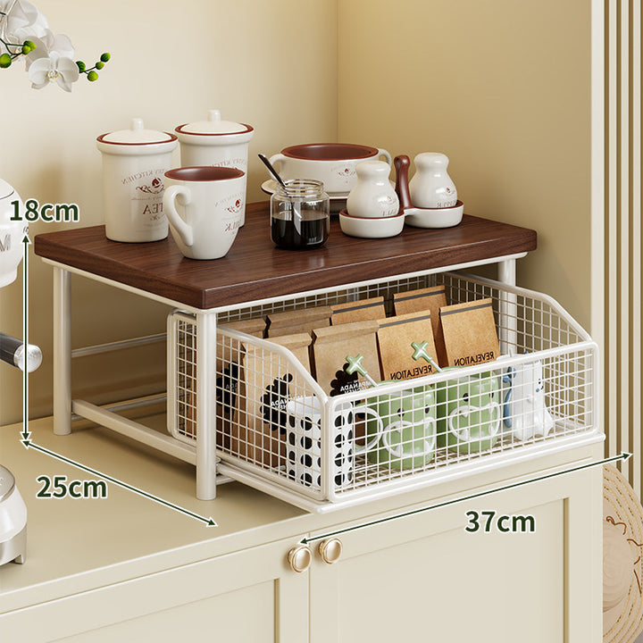 Countertop Wooden Top Metal Storage Rack with Sliding Wire Basket