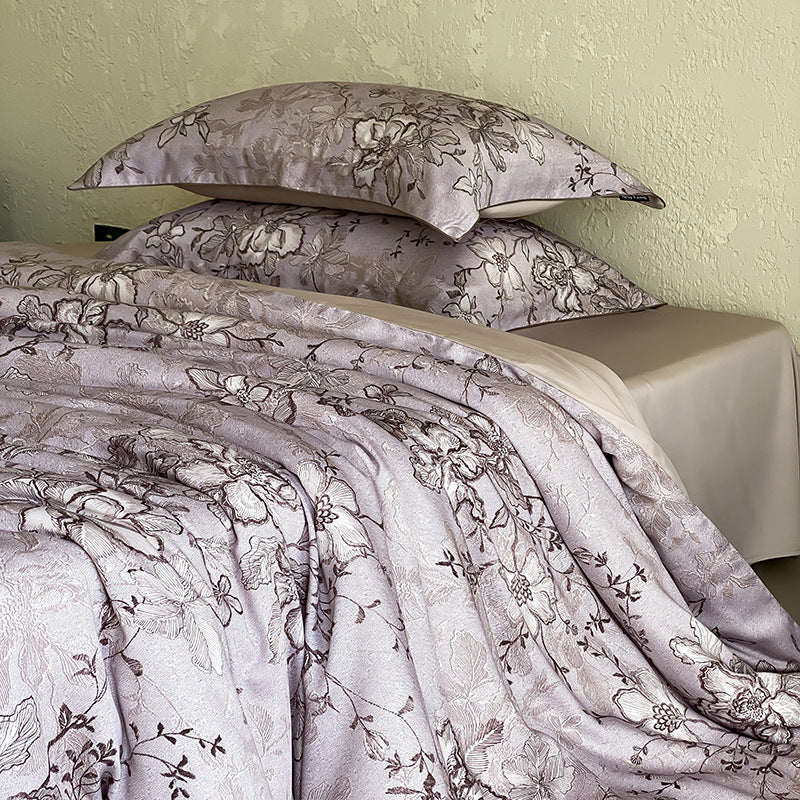 Jacquard bedding set with tonal floral relief and silky-matte finish
