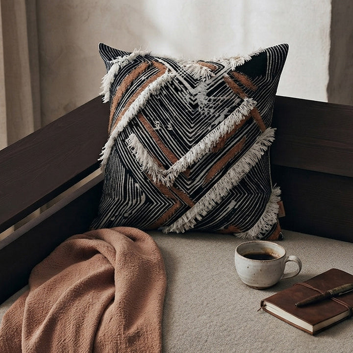 Woven Boho decorative pillow cover with fringes and geometric chevron motif Kalsten