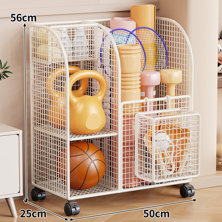 Rolling Mesh Sports Gear Storage Cart with Multi-Compartment Organizers and Locking Casters