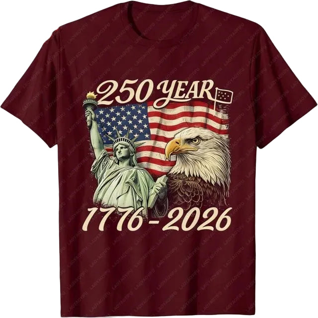 Unisex nan patriotic two hundred fifty year commemorative graphic tee with Statue of Liberty and Bald Eagle print Kalsten