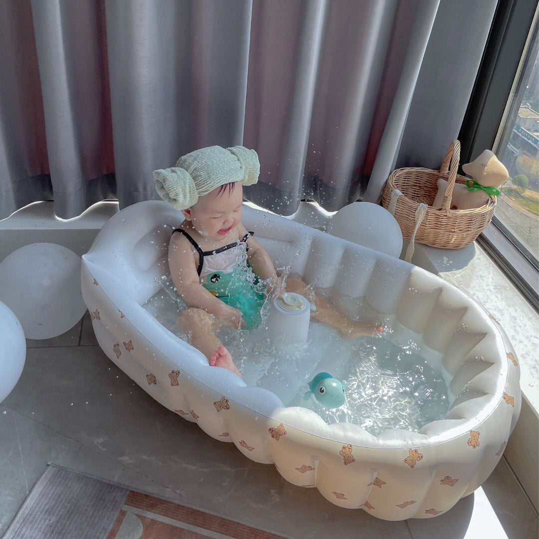 Inflatable Baby Bathtub and Support Seat Set with Lemon Print and Removable Cup Holder