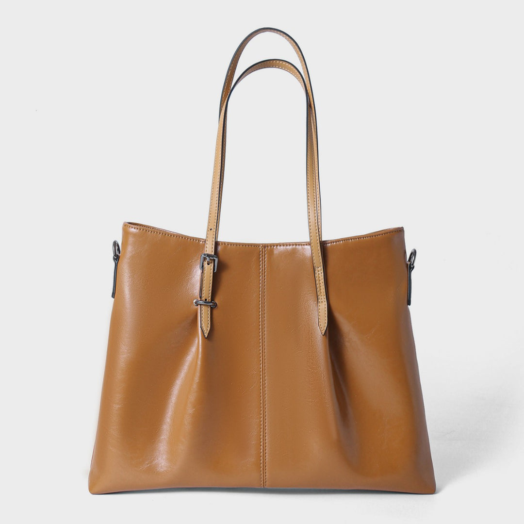 Large Glossy Leather Tote Shoulder Bag with Buckle Straps