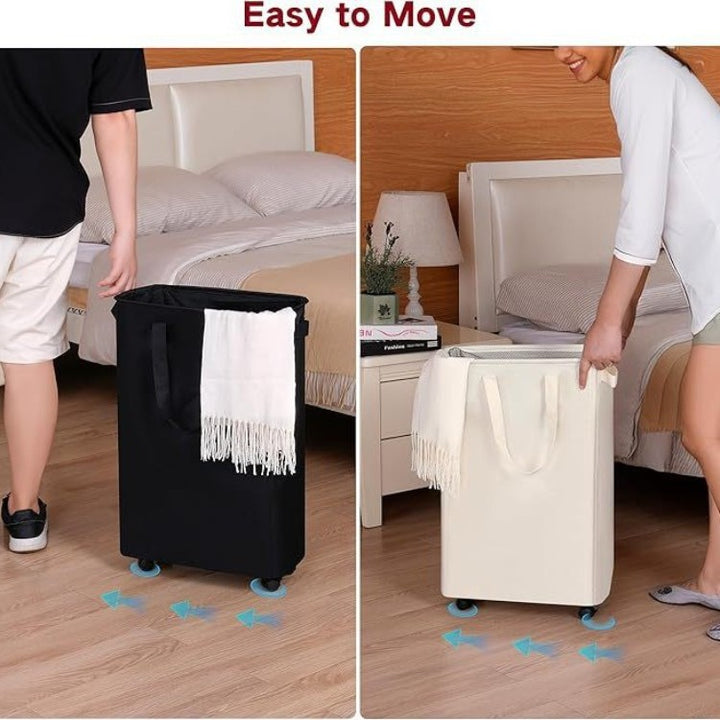 Foldable laundry basket with wheels and practical lid Kalsten