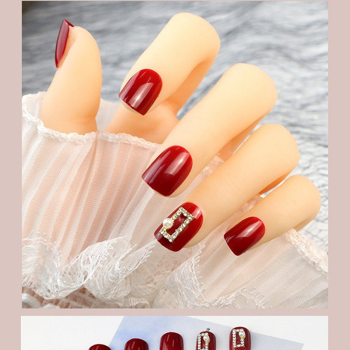 Elegant Red Press-On Nail Set with Pearl and Rhinestone Accents