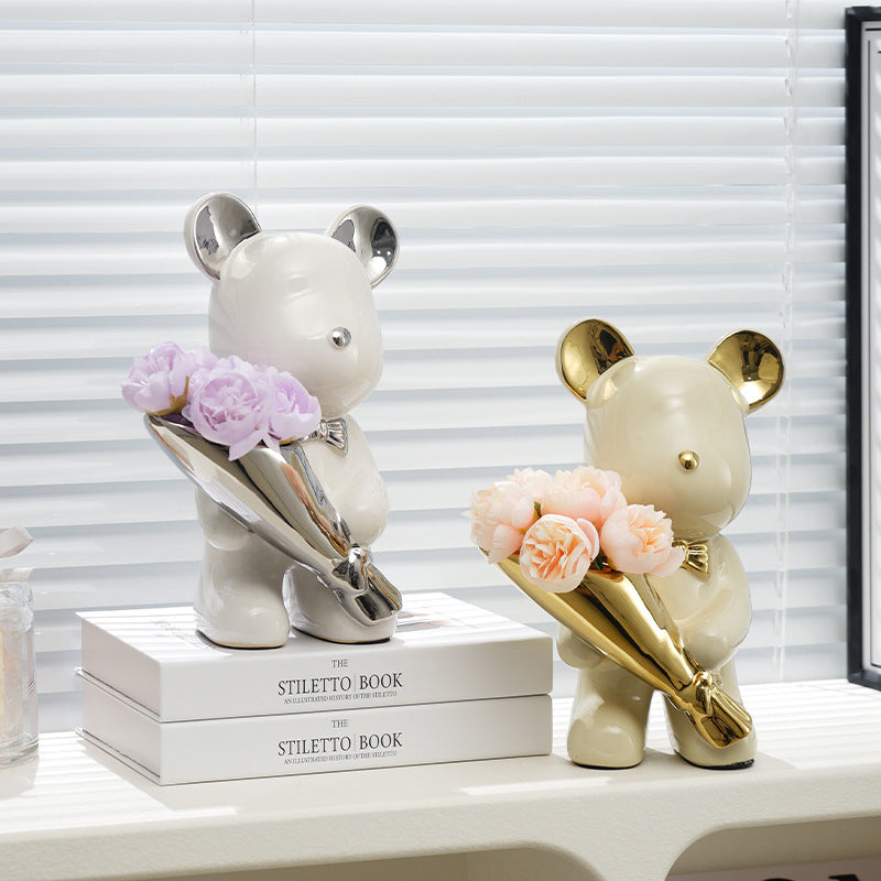 Decorative Bear Figurine with Flower Bouquet for Home