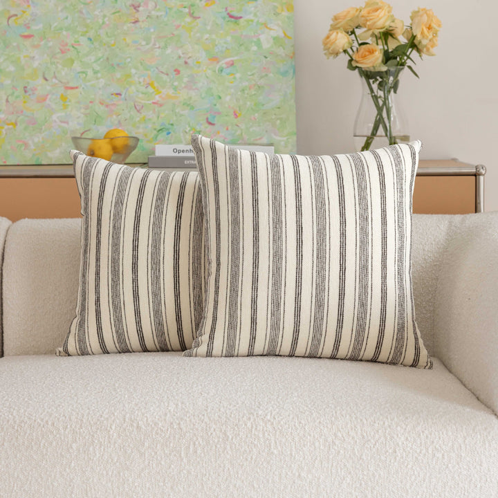 Handloom Vertical Stripe Cotton-Linen Square Pillow Cover with Hidden Zipper