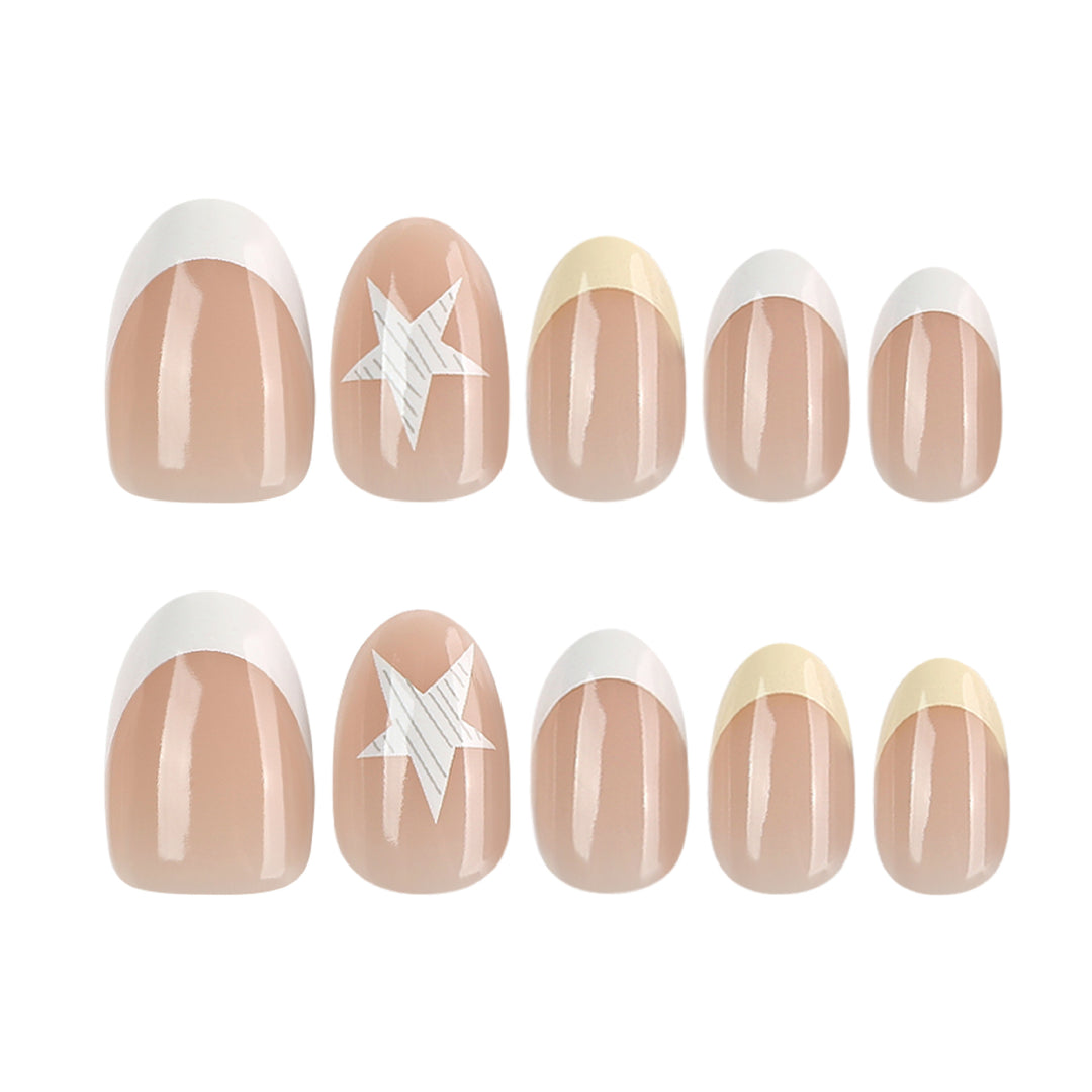Elegant artificial nails with classic French tip and intricate star design Kalsten