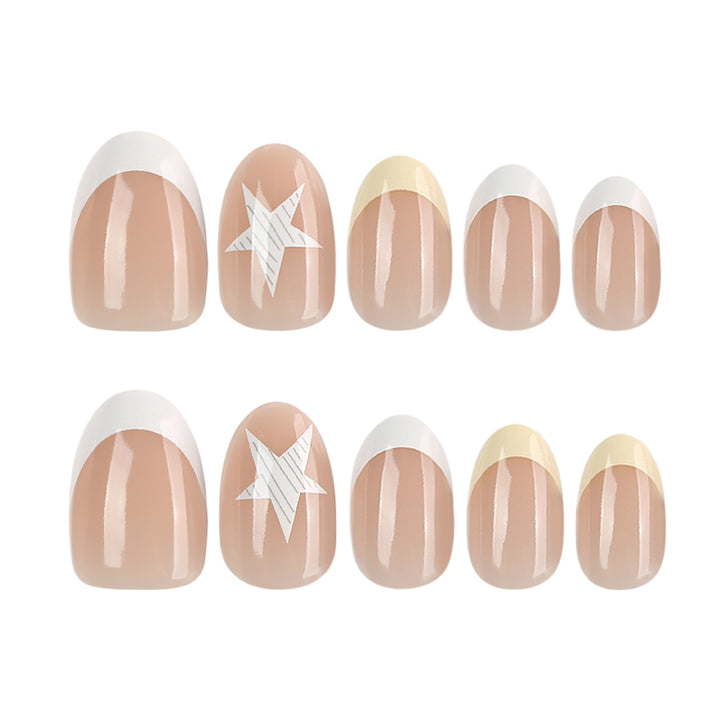Elegant artificial nails with classic French tip and intricate star design Kalsten