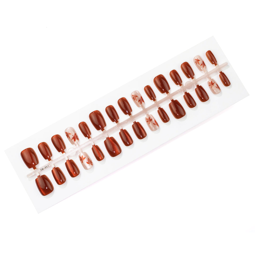 Manual Press-On Nail Set with Autumn Leaf Design