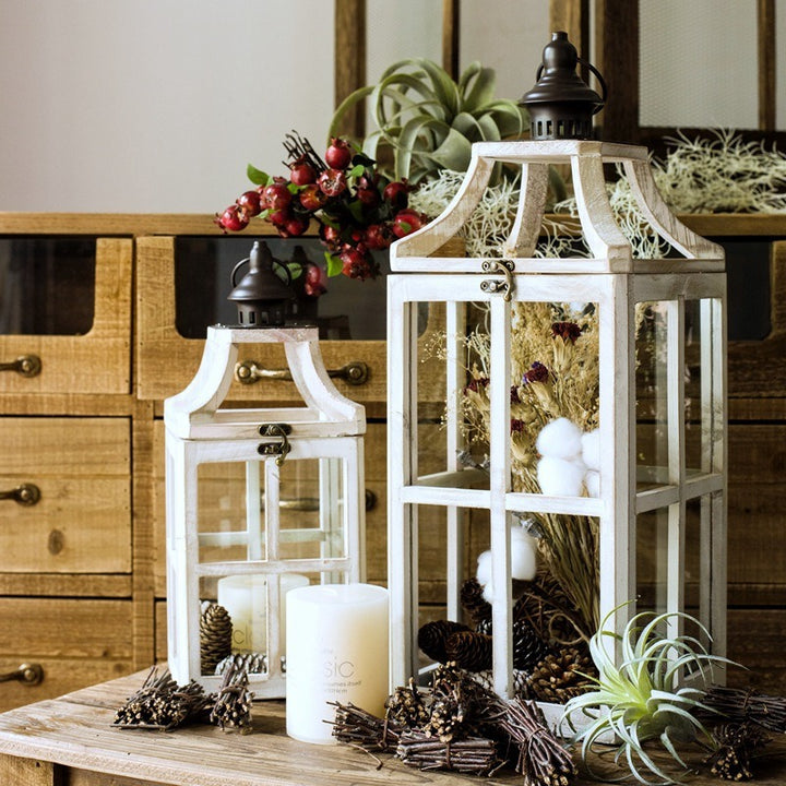 Rustic Windowpane Glass and Wood Candle Lantern with Hinged Door Kalsten