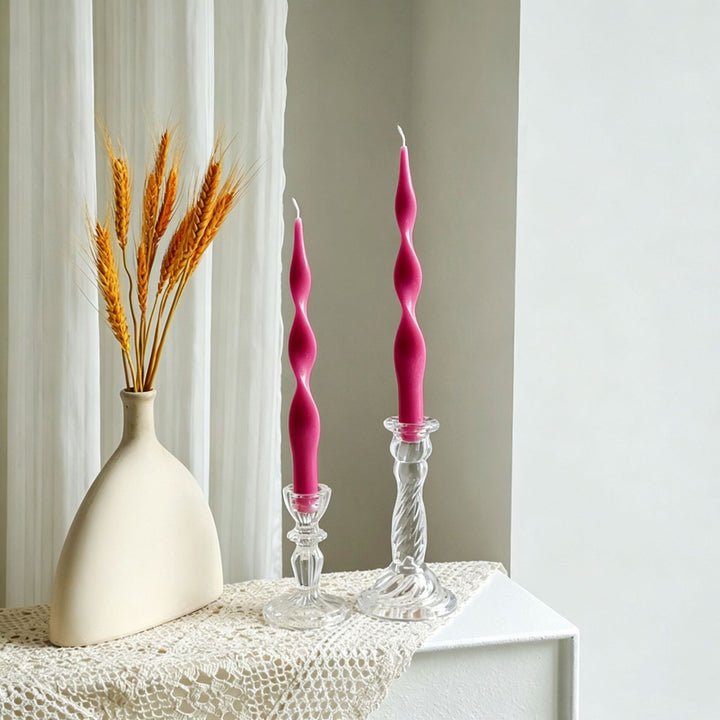 Hand-Poured Sculptural Wave Taper Candle Set with Crystal Glass Holders