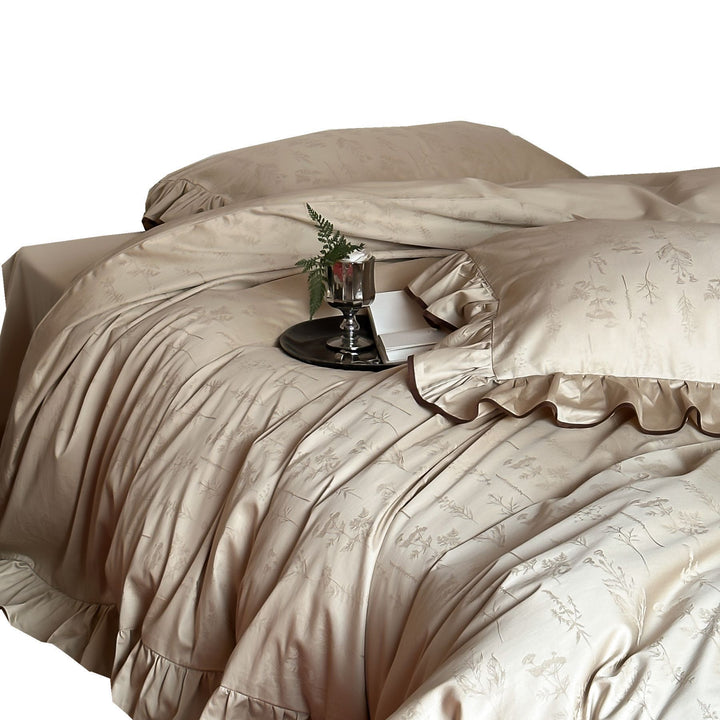 Luxurious satin bedding with floral jacquard and contrast piping