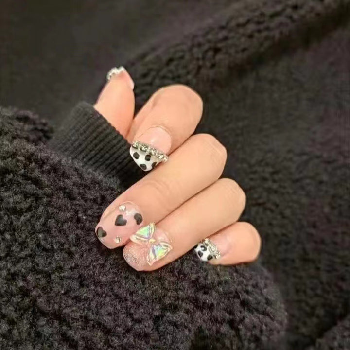 Decorative Press-On Nail Set with Elegant Heart and Bow Accents