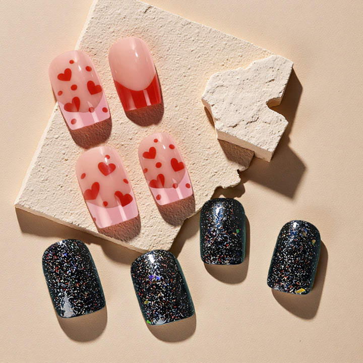 Creative artificial nails with heart design and glitter effects Kalsten