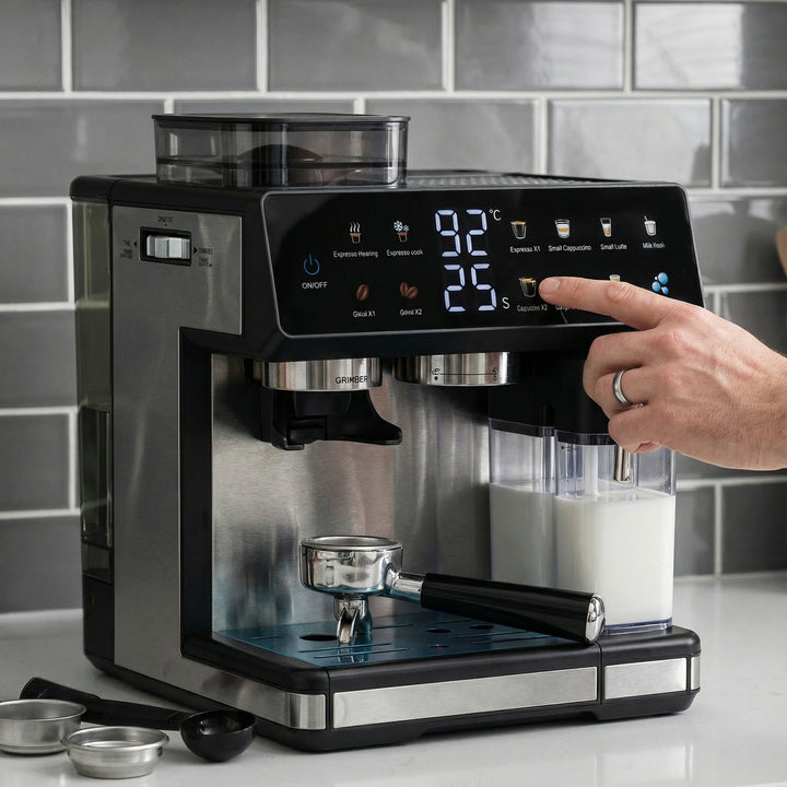 Espresso machine with integrated grinder, automatic temperature control and programmable coffee strengths Kalsten