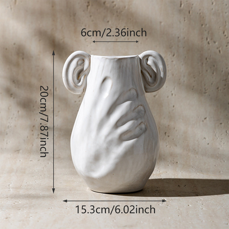 Handmade Ceramic Embrace Vase with Sculpted Hand Relief & Ear Loop Handles