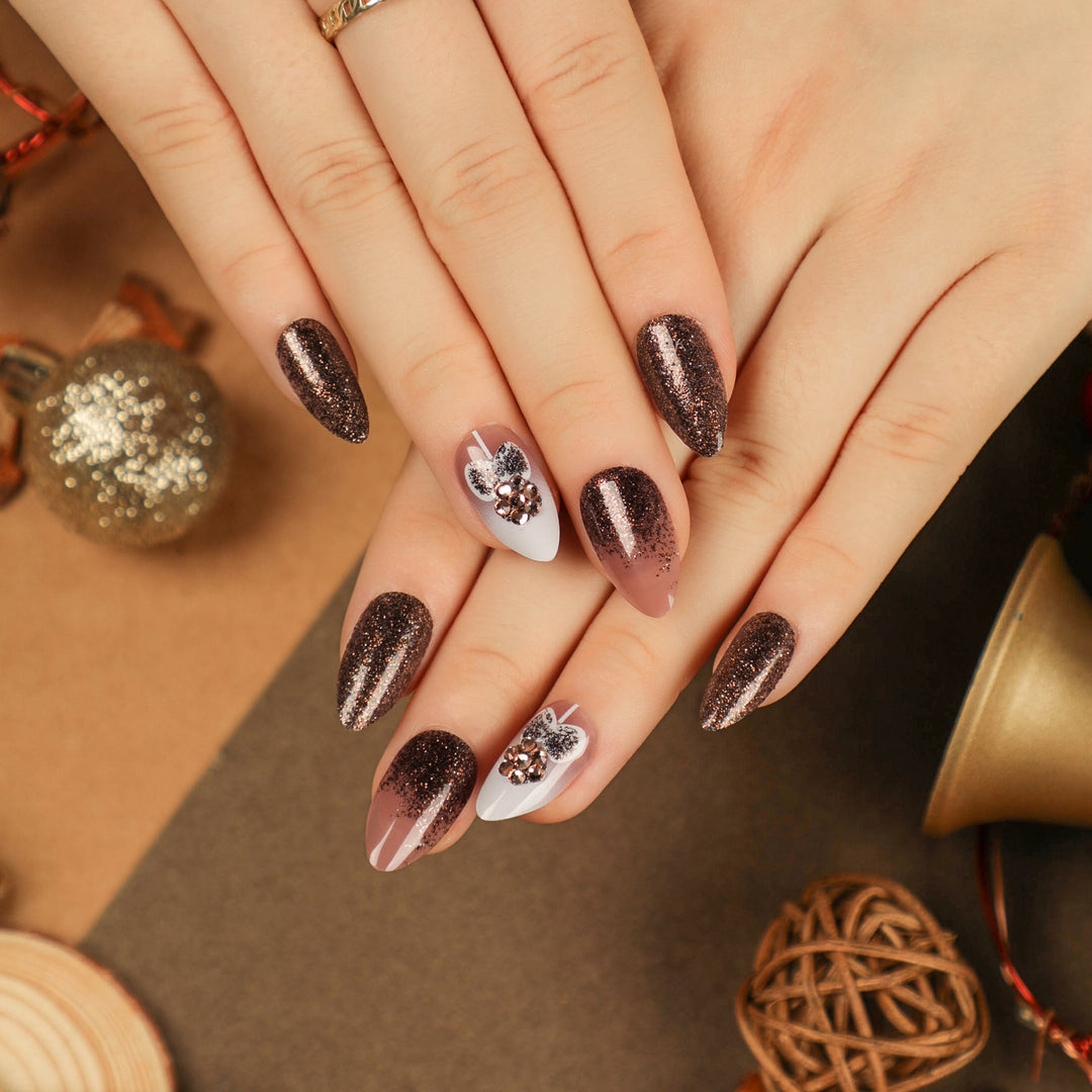 Artful Nail Extensions with Glitter and Heart Motif Kalsten
