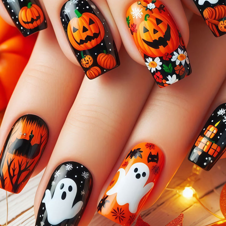 Creative Halloween Art Nails with Ghost and Pumpkin Design Kalsten