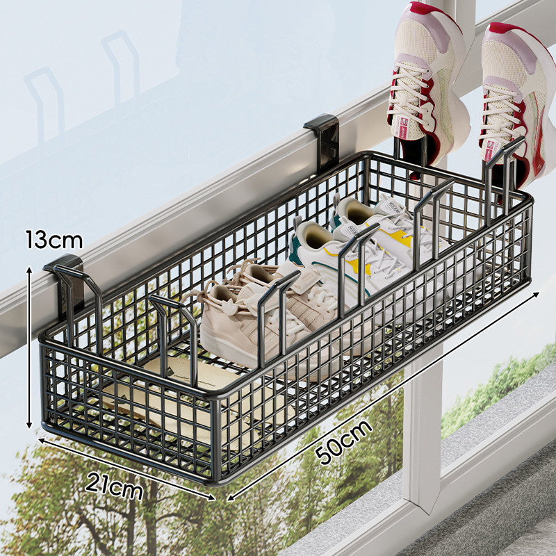 Over-Rail Balcony Shoe Drying and Storage Basket with Divided Mesh Compartments