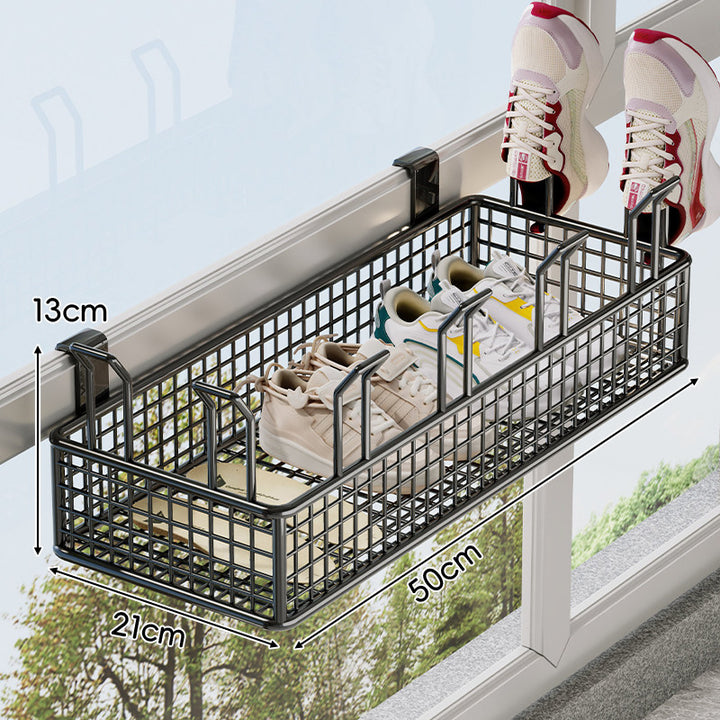 Over-Rail Balcony Shoe Drying and Storage Basket with Divided Mesh Compartments