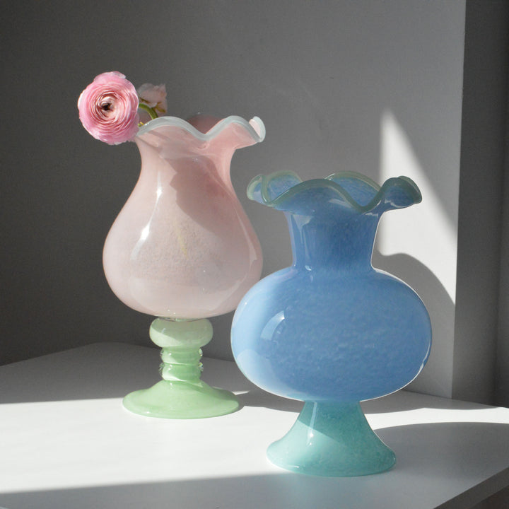 Handblown Ruffled-Rim Bulb-on-Pedestal Art Glass Vase Kalsten