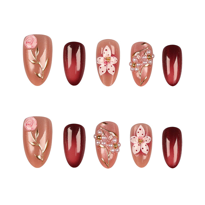 Artistic Press-On Nail Art Set with Floral Accents